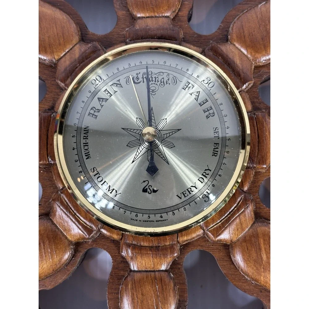 Vintage Nautical Ship Rope Wheel Wooden Wall Barometer Made In Western Germany